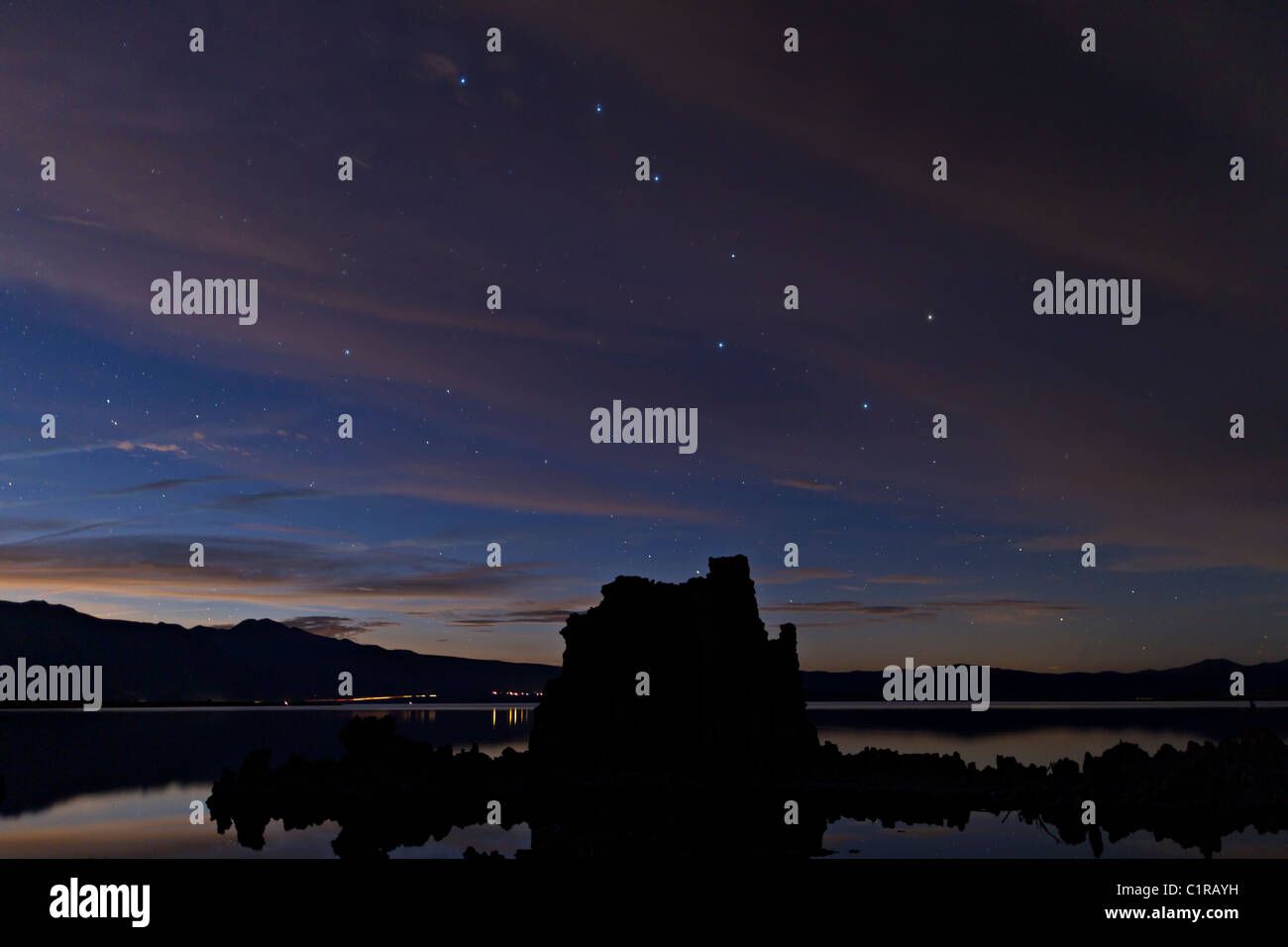 The Big Dipper hangs over a tufa (calcium carbonate) tower along the south shore of Mono Lake near Lee Vining, California, USA. Stock Photo