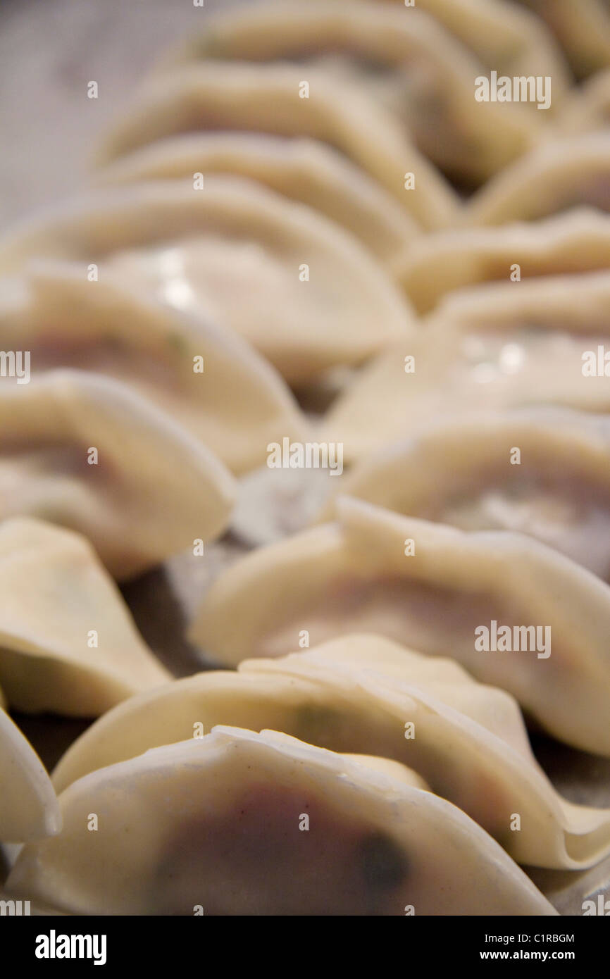 A tray of homemade wor tip, also known as potstickers or pork dumplings Stock Photo