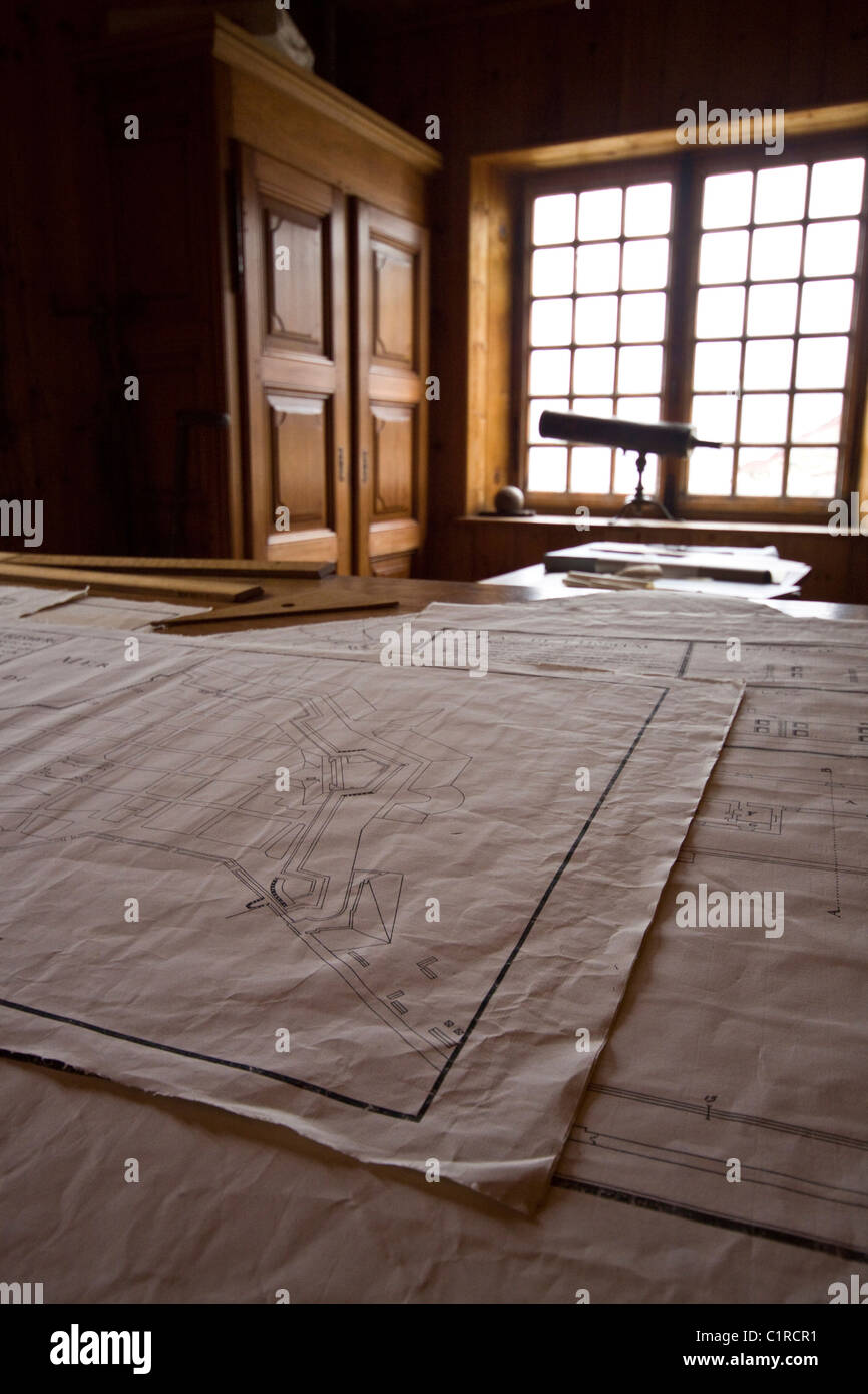 Plans and drawings in engineers drawing room at Fortress of Louisbourg