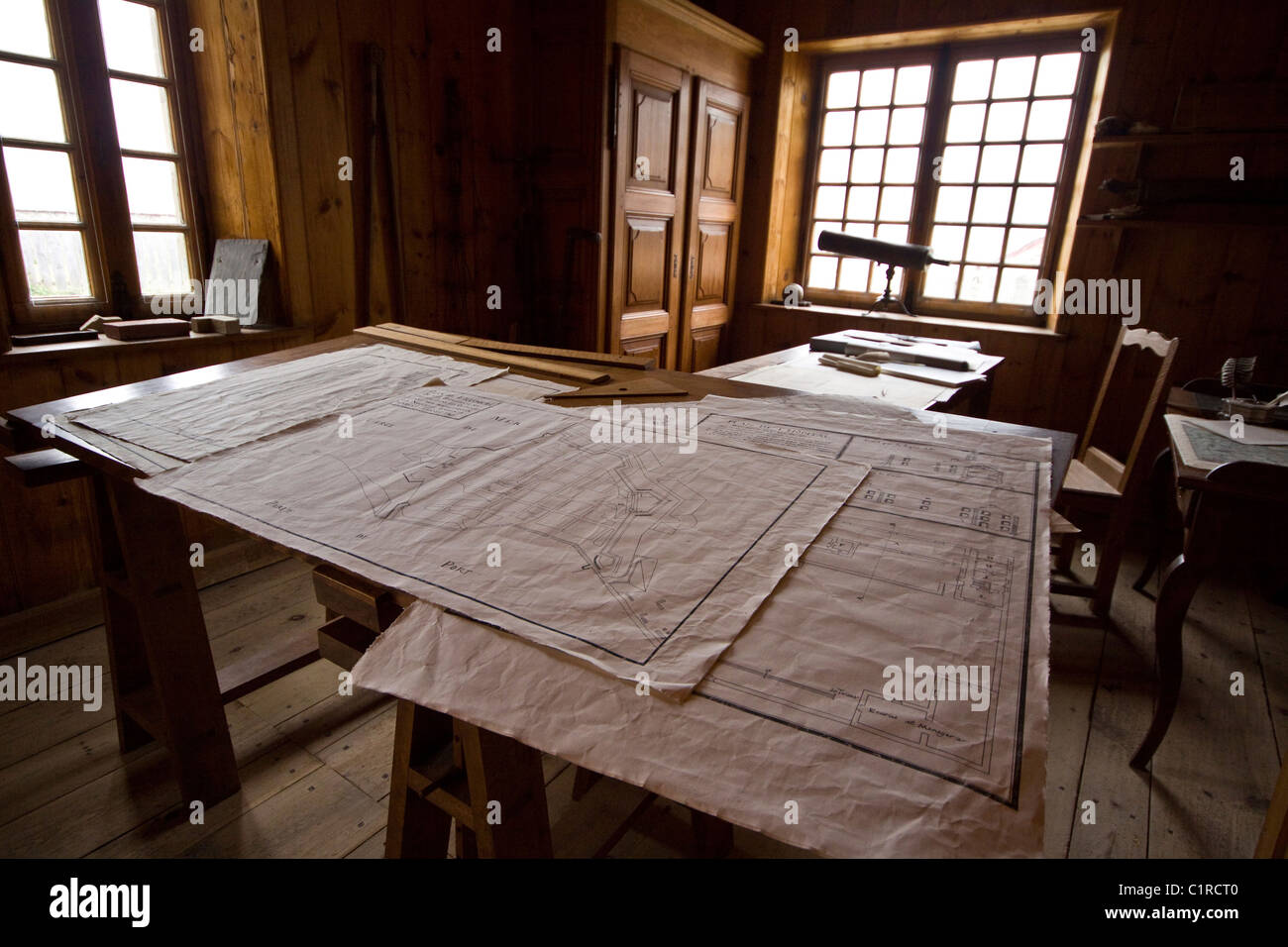 Plans and drawings in engineers drawing room at Fortress of Louisbourg