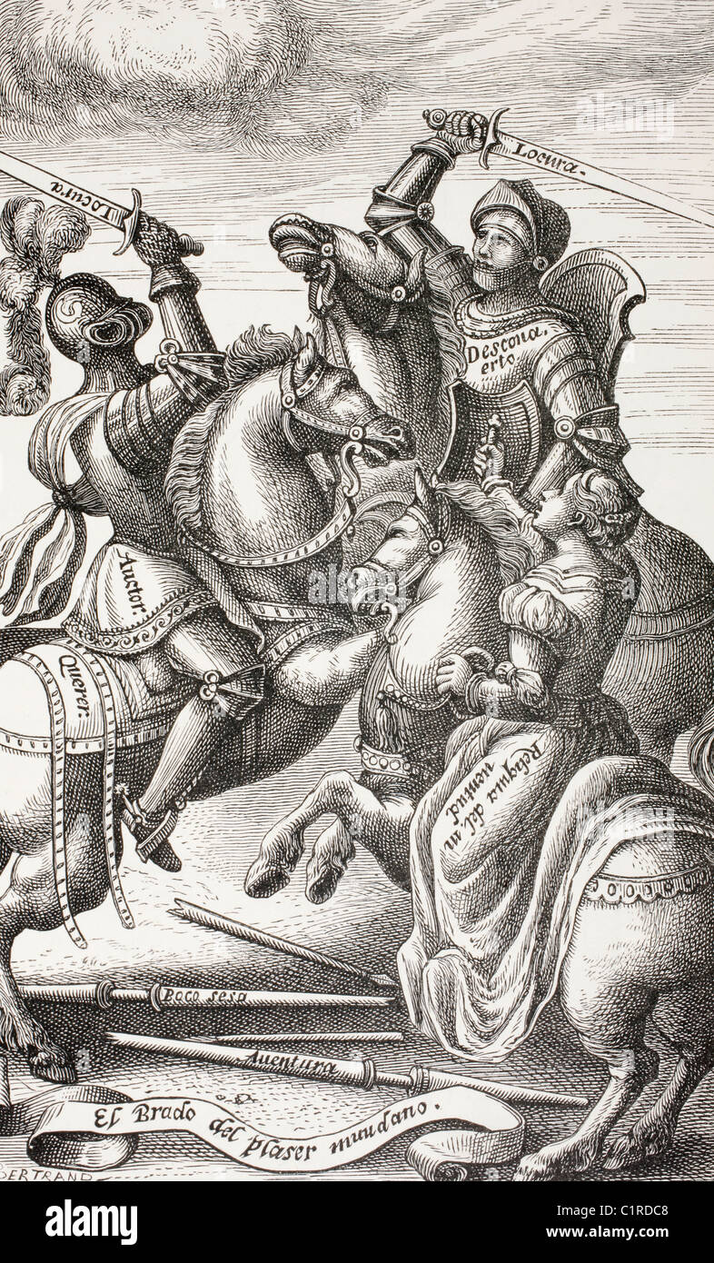 Chivalry represented by Allegorical Figures. Knights fighting on horseback. Stock Photo