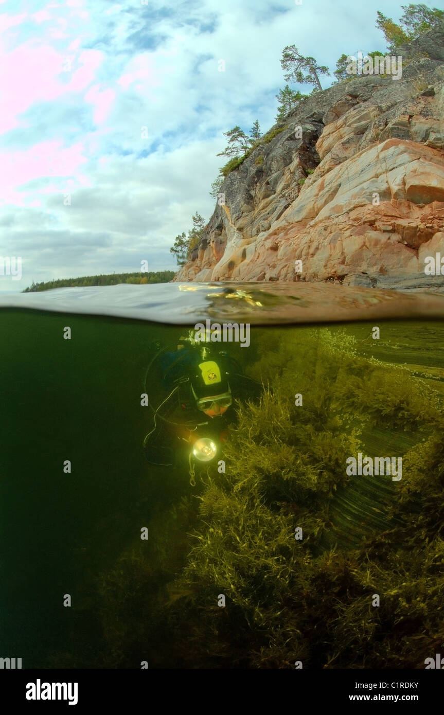 Split level, scuba diving in the Arctic, Russia, Kareliya, White sea Stock Photo