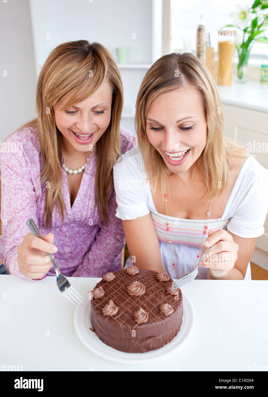 Two woman eating a cake in the kitchen Stock Photo Alamy