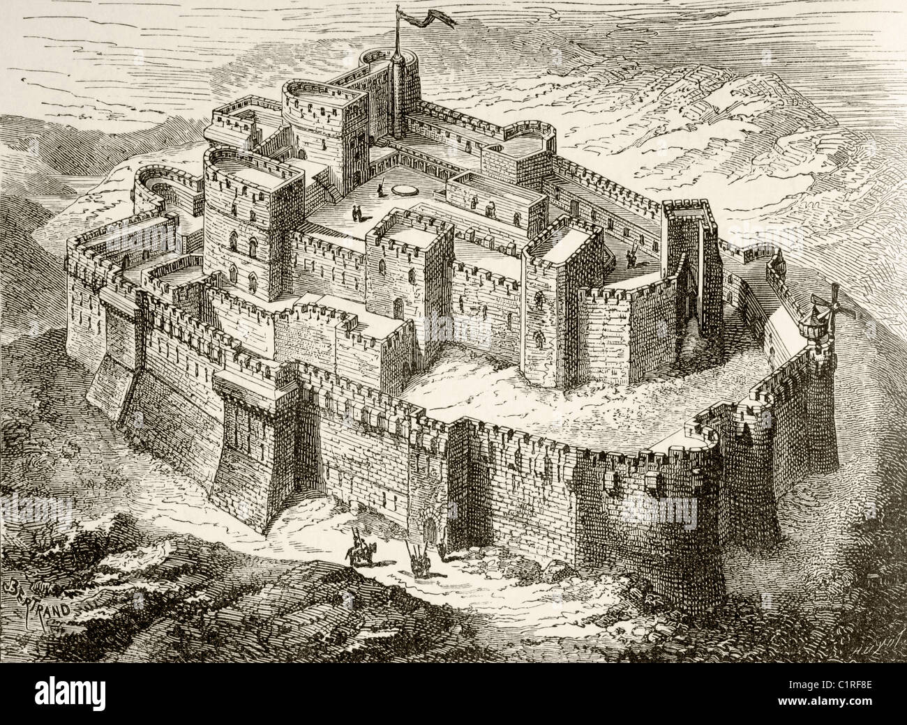 Artist's impression of Krak or Crac des Chevaliers crusader castle, Syria. Stock Photo