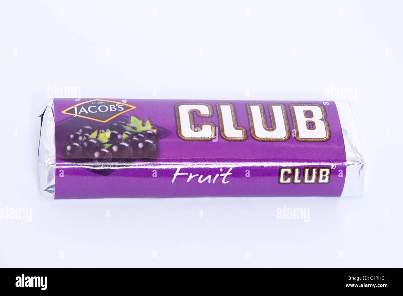 A fruit flavoured Jacobs Club chocolate biscuit on a white background