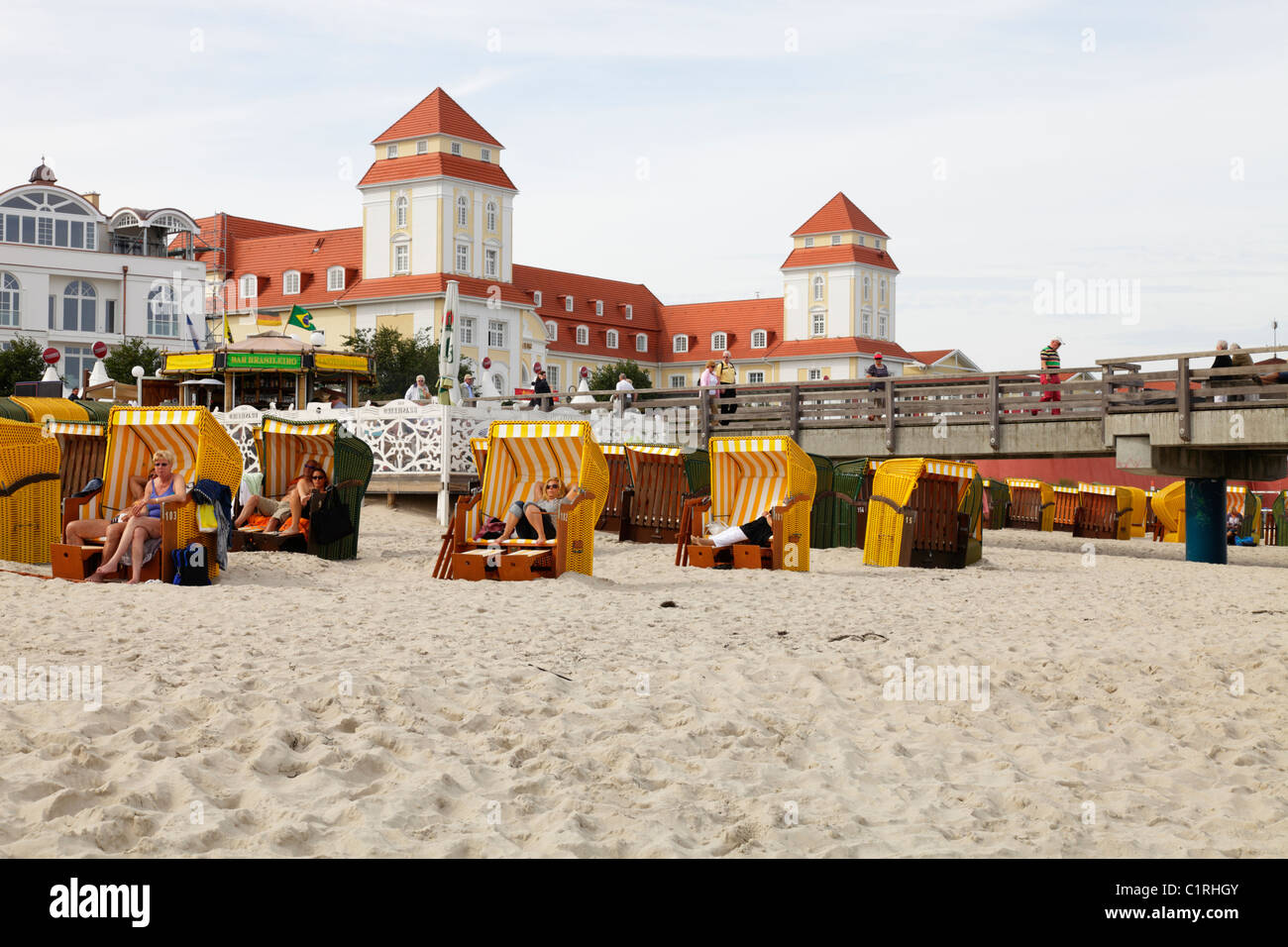 beach and spa hotel in Binz, Germany; Kurhaus und Strand in Binz, Insel Rügen Stock Photo