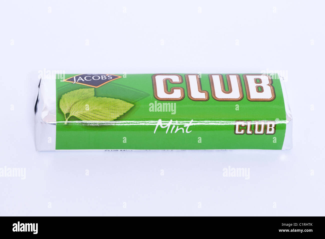 A mint chocolate flavoured Jacobs Club chocolate biscuit on a white