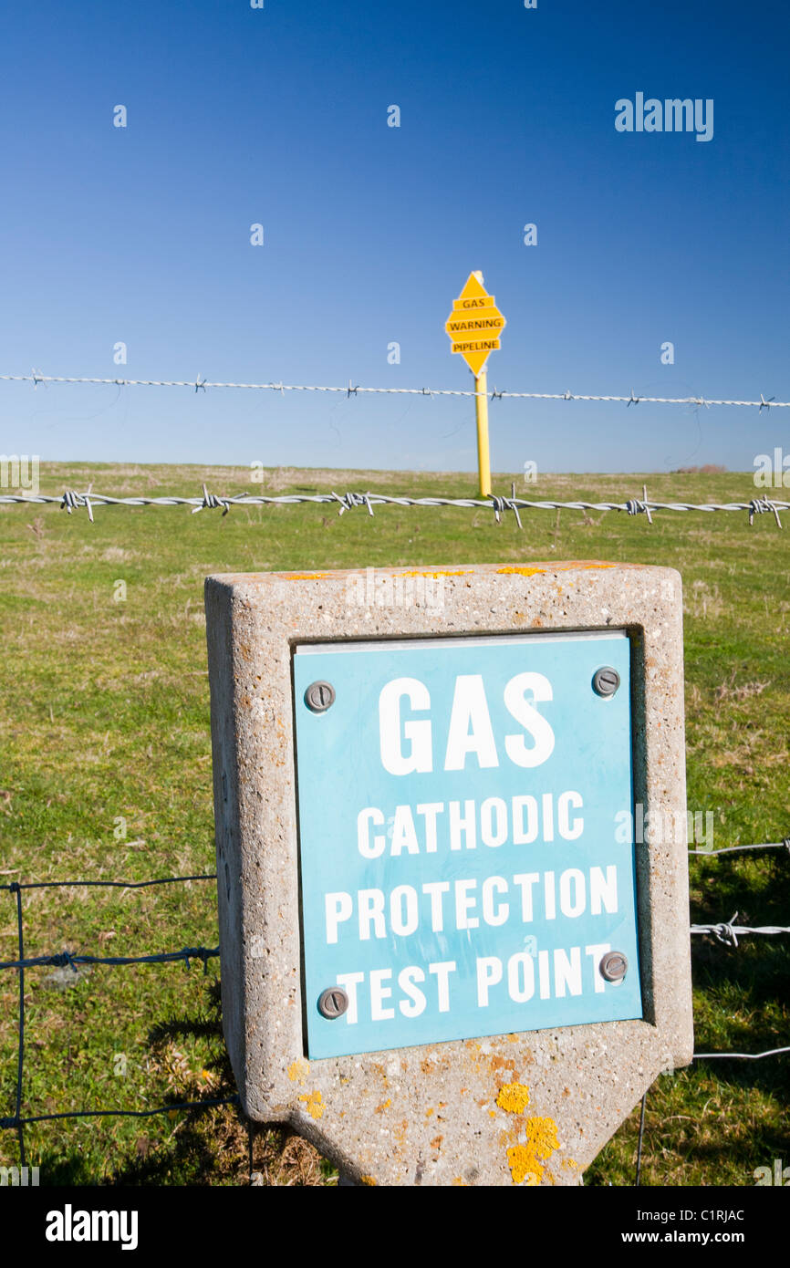 A warning sign for the gas pipeline which brings natural gas from the morecambe Bay gas field to the gas processing plant Stock Photo
