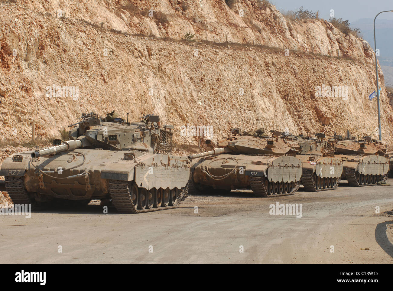 Israeli Defense Force Merkava Mark III-D battle tanks en route to Lebanon. Stock Photo