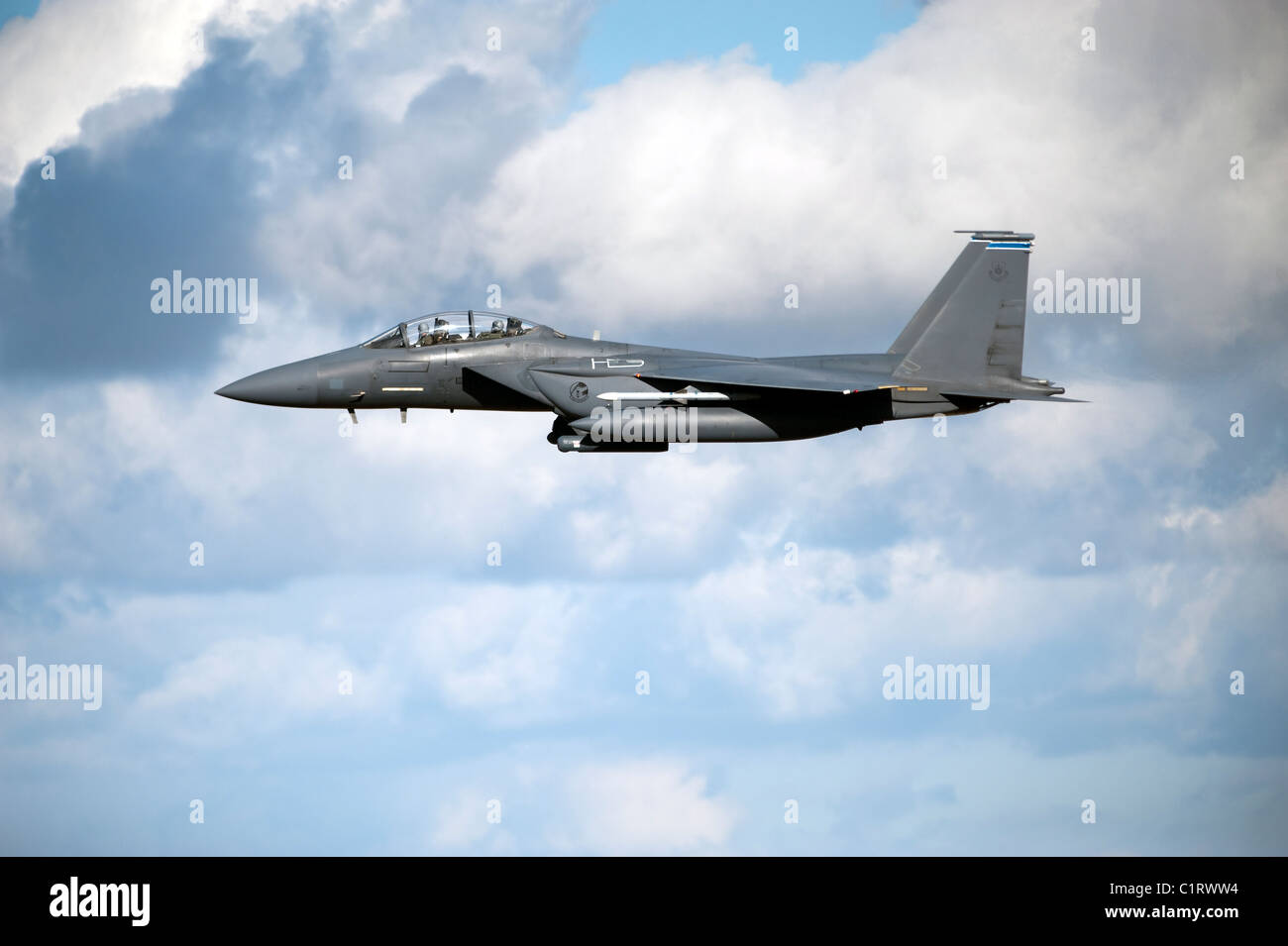 A United States Air Force F-15 Strike Eagle in flight. Stock Photo