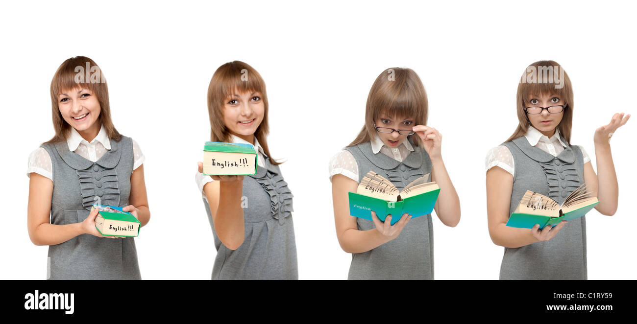 Girl with dictionary English reads on white background, emotions Stock