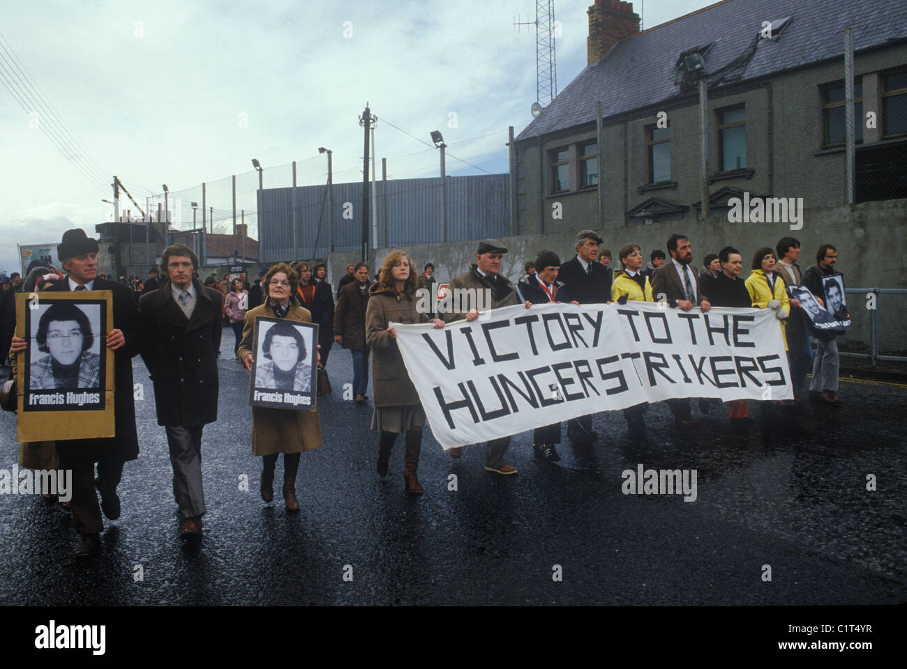 Victory to the Hunger Strikes silent march Toome or Toomebridge Northern Ireland 1981 The Troubles 1980s. Francis Hughes was an Irish volunteer in the Provisional Irish Republican Army (IRA). Hughes was the most wanted man in Northern Ireland until his arrest following an ambush by the Special Air Service (SAS) in which an SAS soldier was killed. At his trial he was sentenced to a total of 83 years' imprisonment, and he died during the 1981 Irish hunger strike in HM Prison Maze. 1980s. Poster image of  Patsy O'Hara, (extreme right)  HOMER SYKES Stock Photo