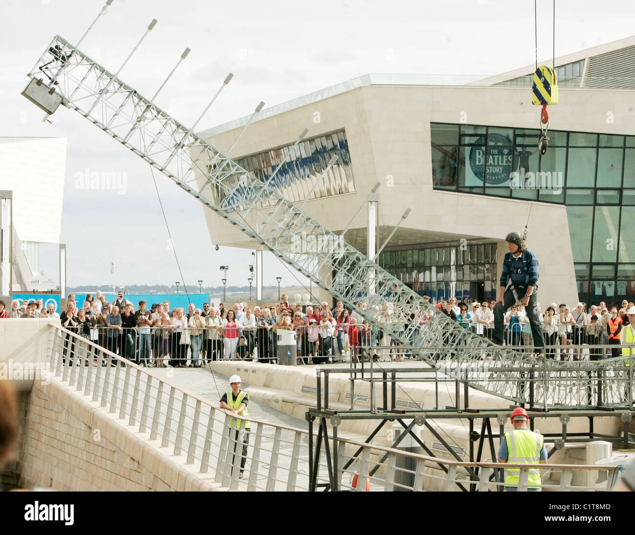 lyserød kig ind Uretfærdig Top Gear presenter James May being filmed walking across the Meccano bridges  across the new canal link outside the Liver Stock Photo - Alamy