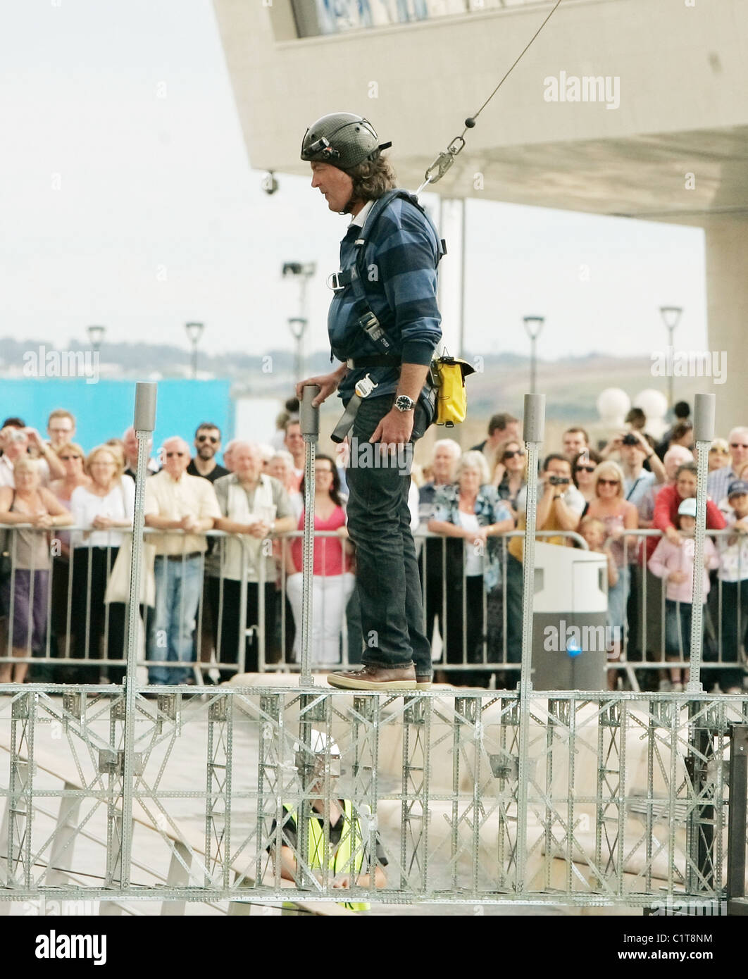 Top Gear presenter James May being filmed walking across the Meccano
