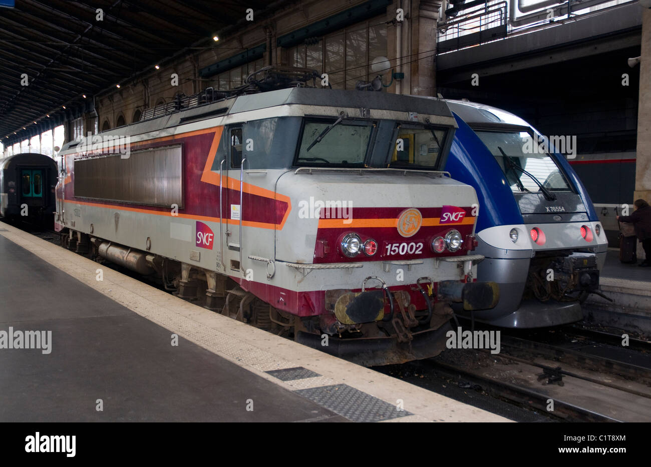 french railways class bb 15000 electric locomotive,15002,longwy,sncf,25kv, ac,alsthom/mte,1971,gare du nord,paris Stock Photo