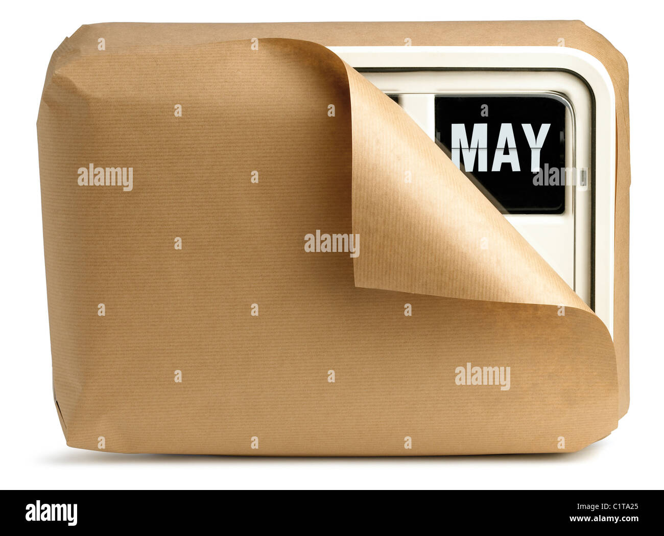 a wall clock and calendar wrapped in brown paper isolated on a white background showing May Stock Photo