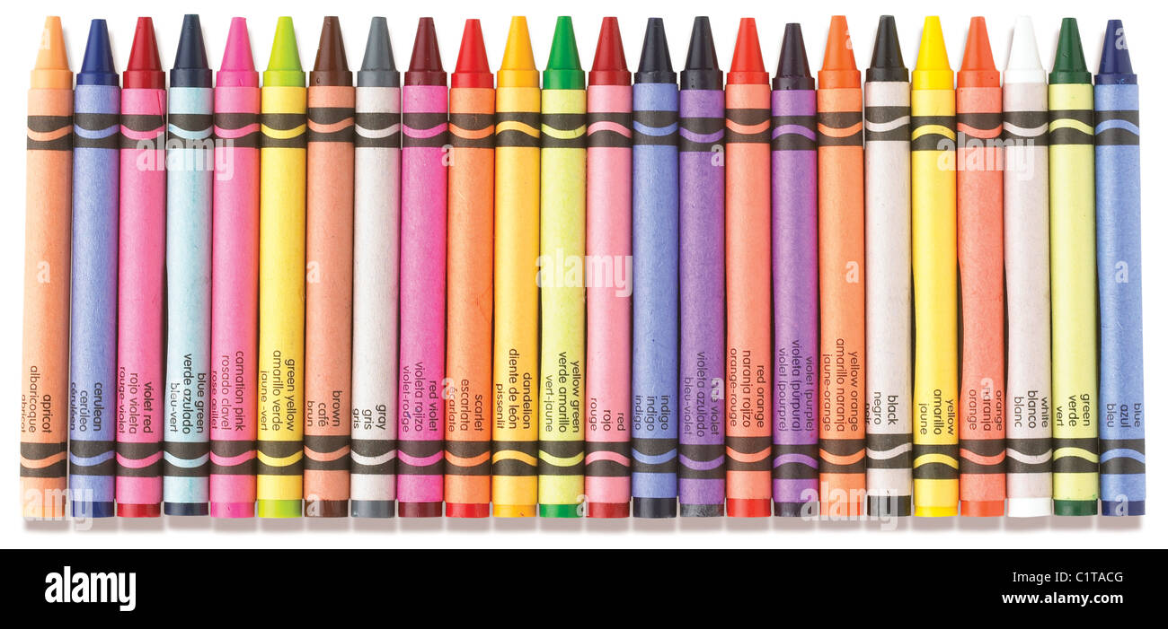 a row of colorful childrens crayons isolated on a white background with clipping path Stock Photo