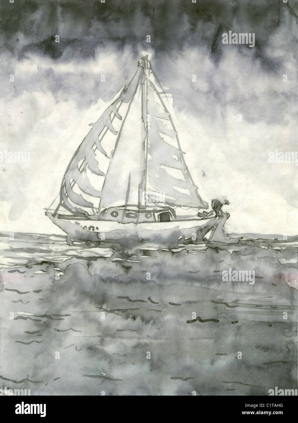 watercolor illustration of a boat sailing in open water Stock Photo - Alamy