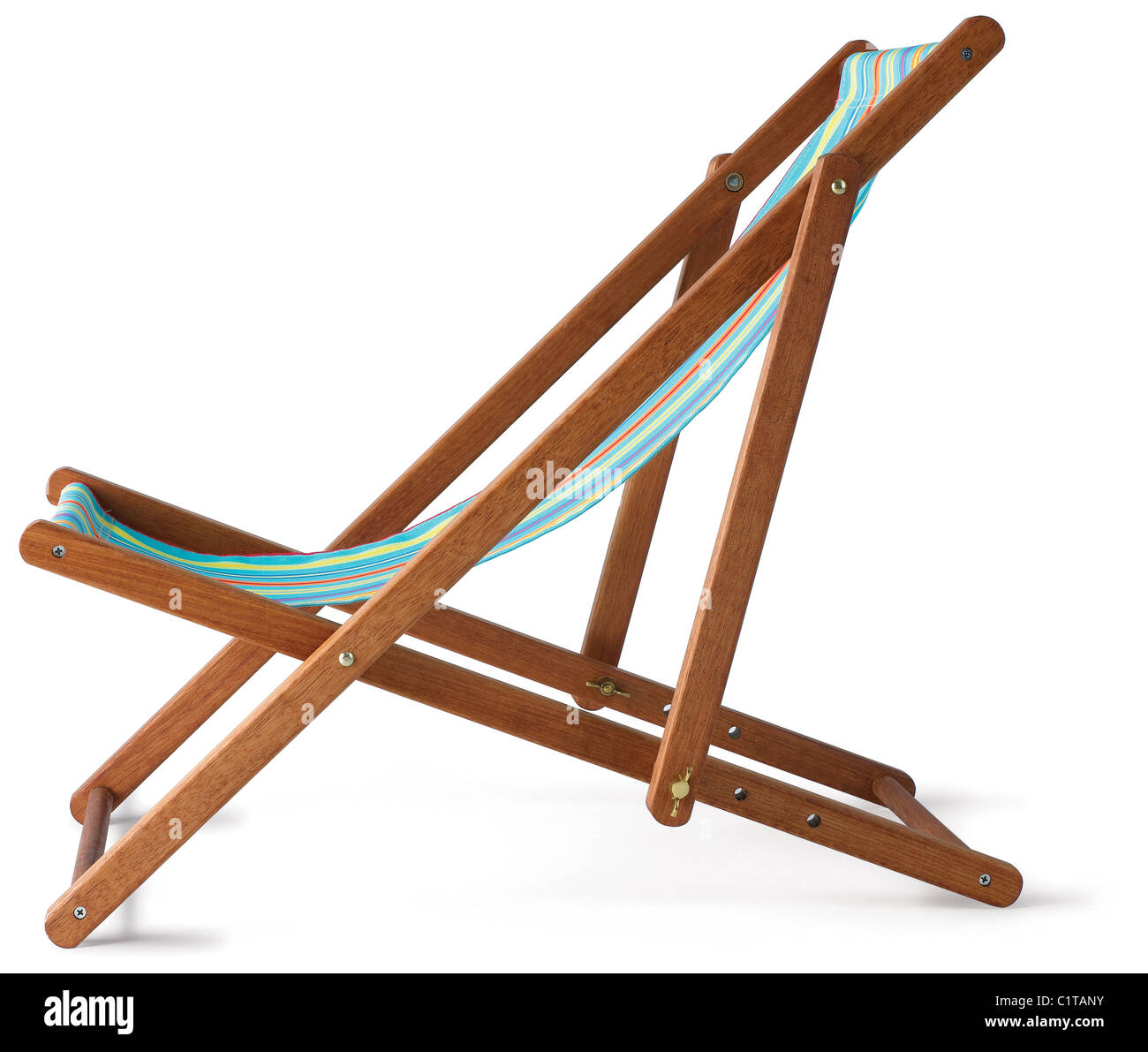 a traditional and fabric wooden deckchair isolated on white with clipping path Stock Photo
