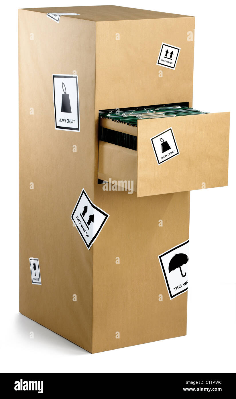 filing cabinet wrapped carefully in brown paper ready for an office move isolated on a white background Stock Photo