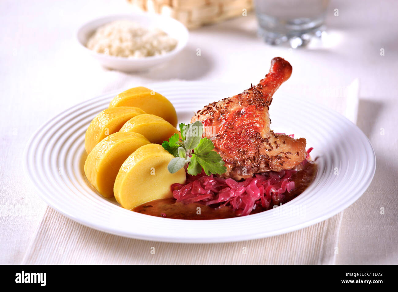 Roast Duck with Red Cabbage and Potato Dumplings Czech cuisine Stock