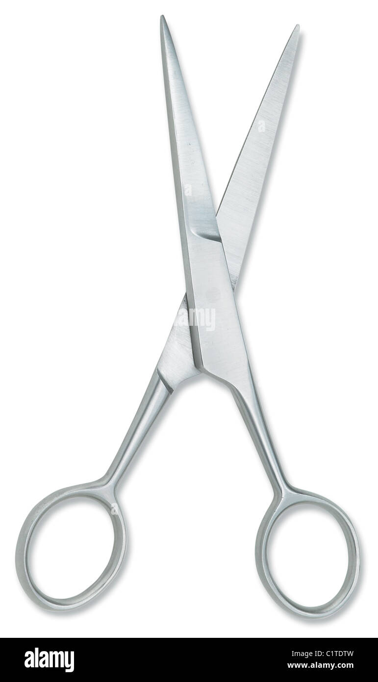 an overhead view of a pair of chrome silver scissors isolated on a white background with clipping path Stock Photo