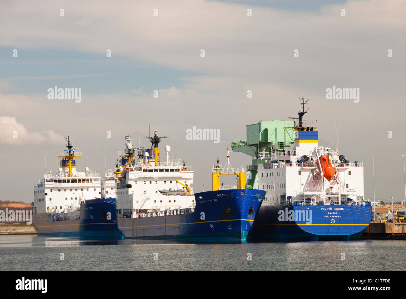 PNTL (Pacific Nuclear Transport Limited) nuclear transport ships at dock in Barrow in Furness, Cumbria, UK. Stock Photo