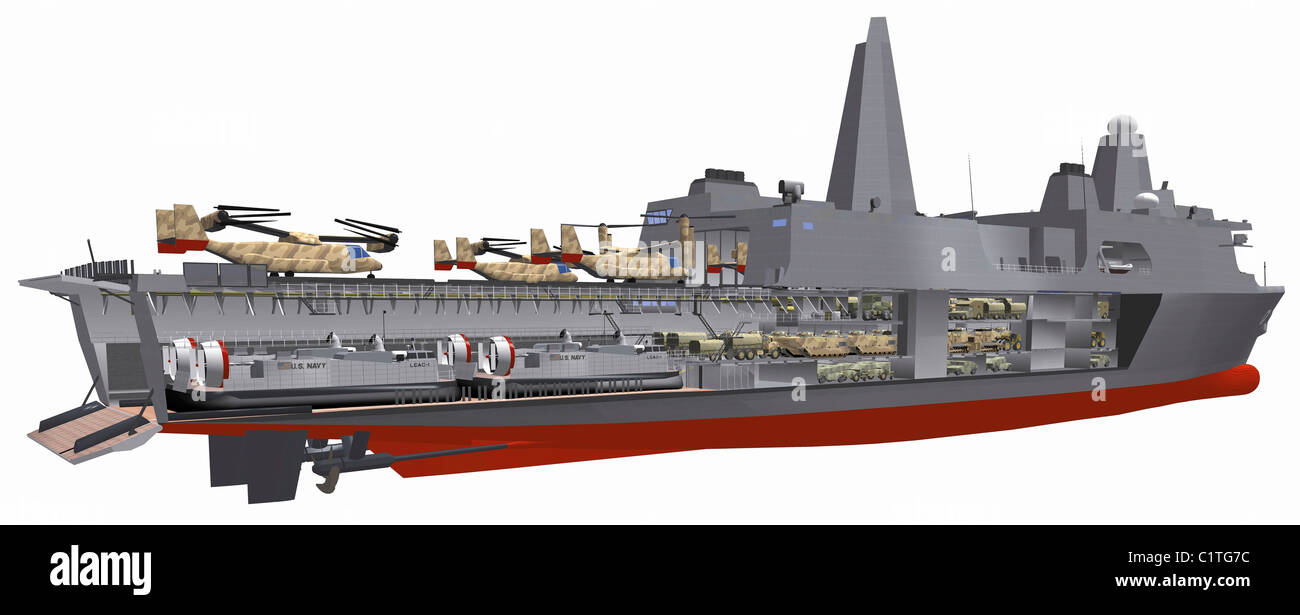 Cutaway illustration of the U.S. Navy's San Antonio class amphibious transport dock ship. Stock Photo