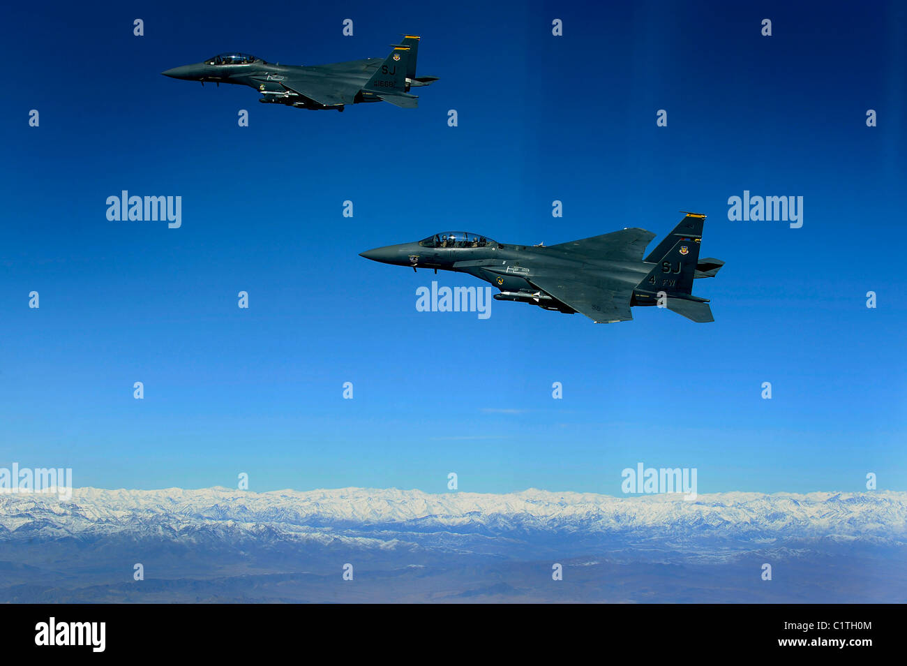 U.S. Air Force F-15E Strike Eagles approach a mission objective in eastern Afghanistan. Stock Photo