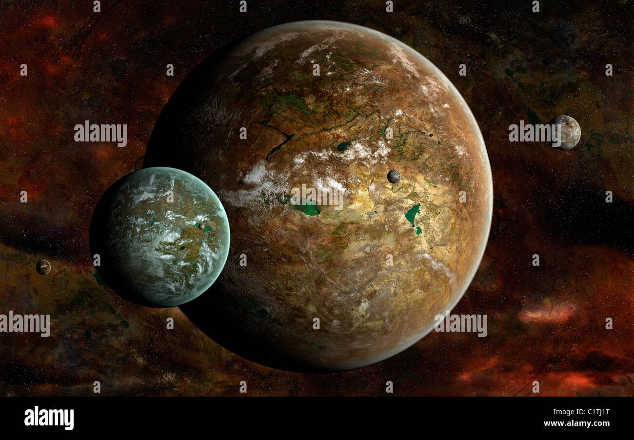 A system of extraterrestrial planets and their moons, against a background of nebula and stars. Stock Photo