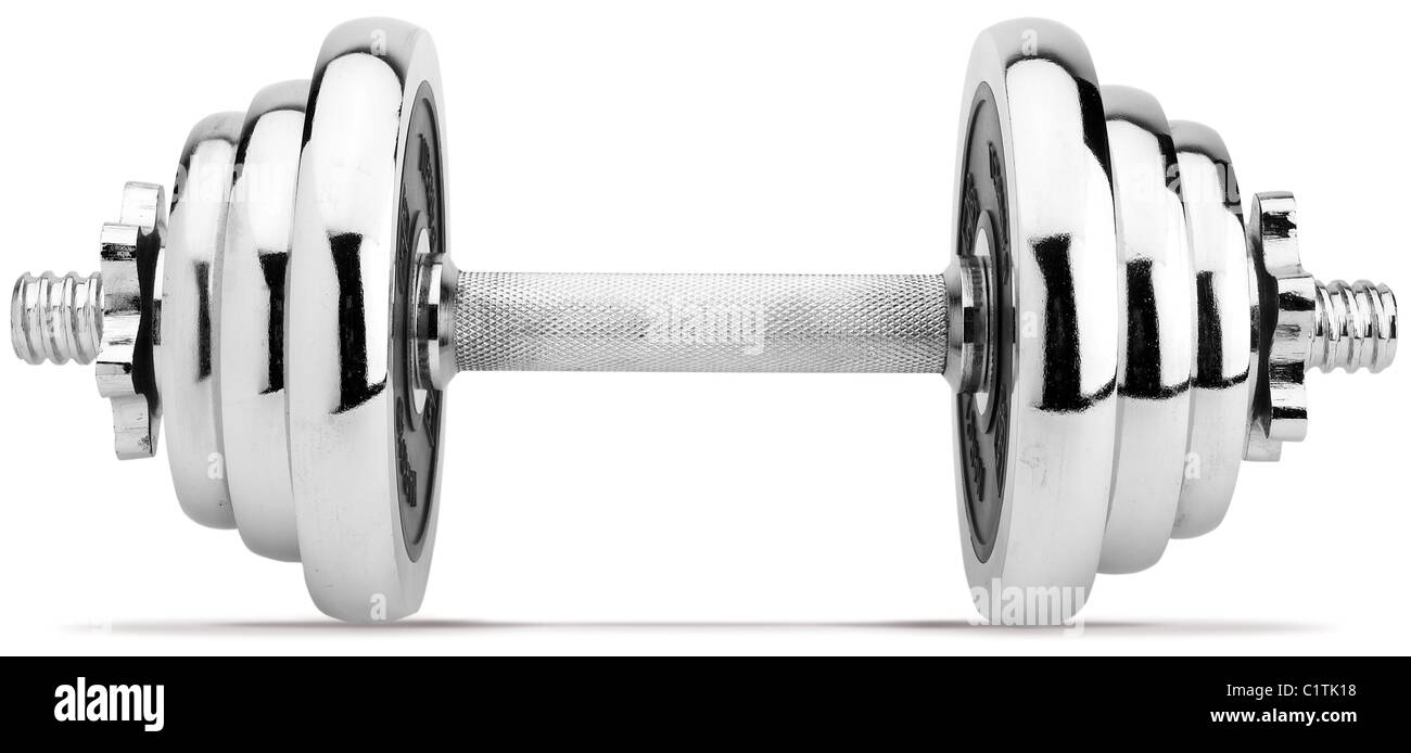 a chrome dumbell isolated on white with a clipping path Stock Photo