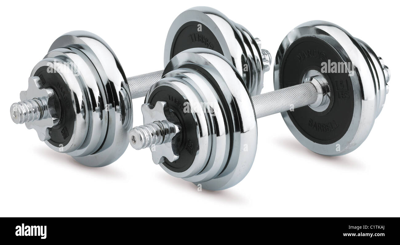 a pair of chrome dumbells weights isolated on white with a clipping path Stock Photo