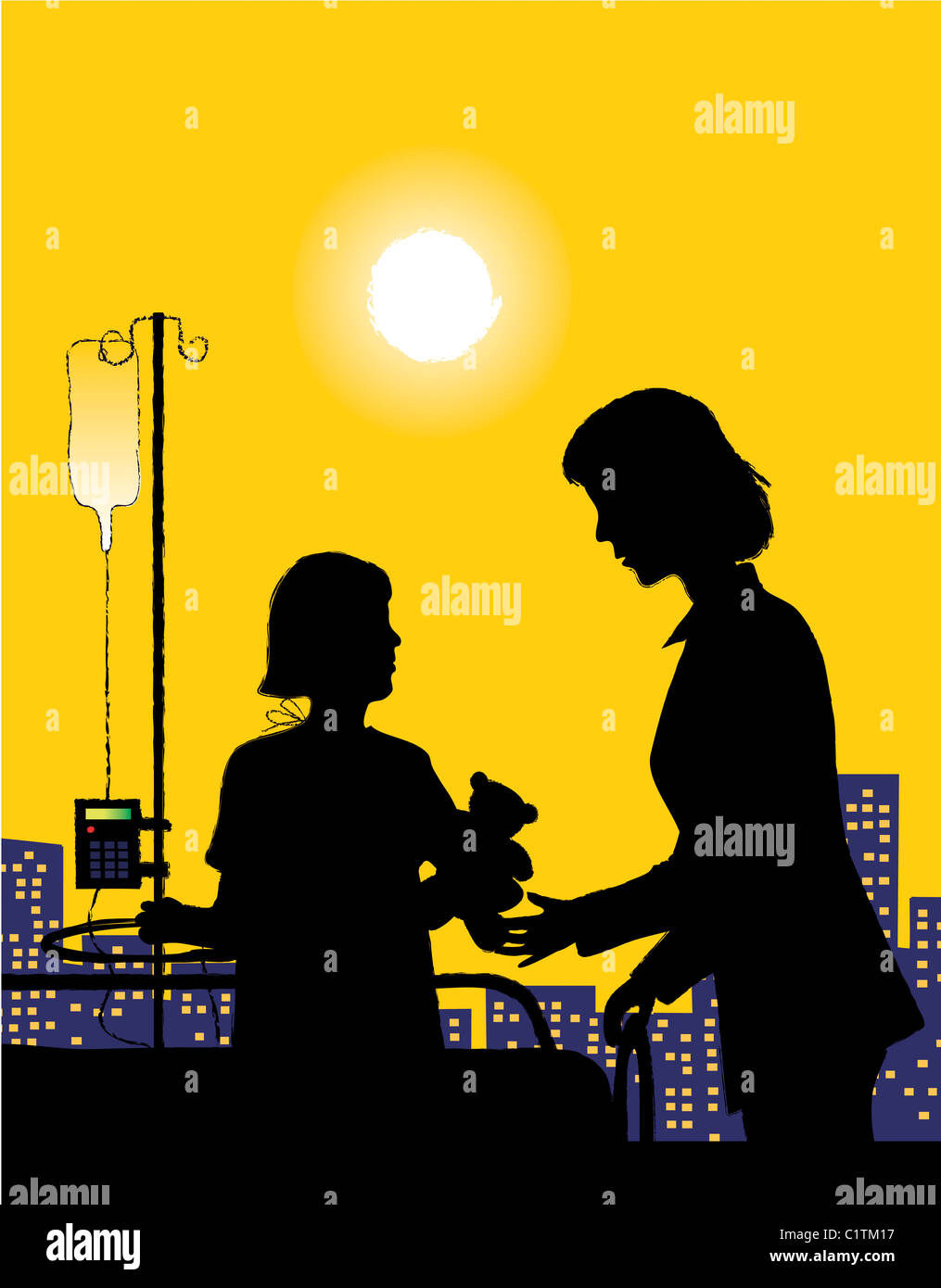 Silhouette of girl and woman in hospital window, illustration Stock Photo