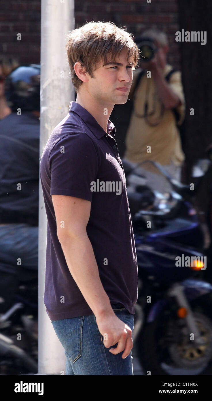 Chace Crawford on the set of 'Gossip Girl' filming on location as one
