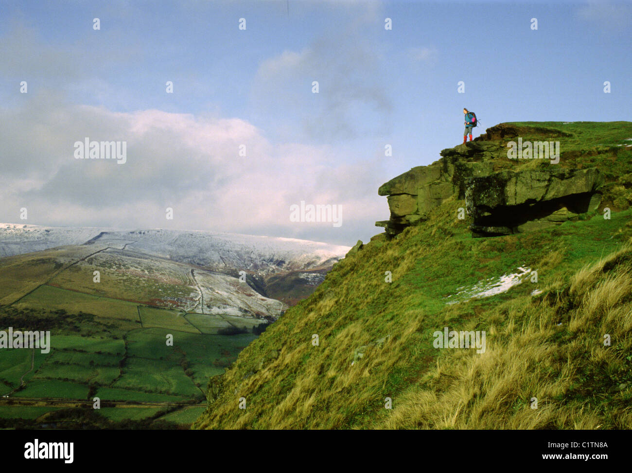 Person trekking in the Peaks, Mam Tor Ridge, Peak District National ...
