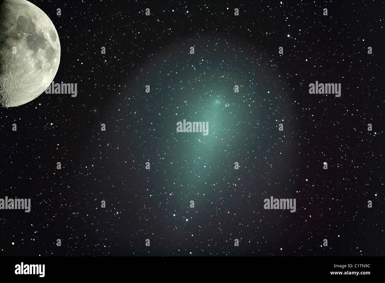 Size of Comet Holmes in comparison with the moon. Stock Photo