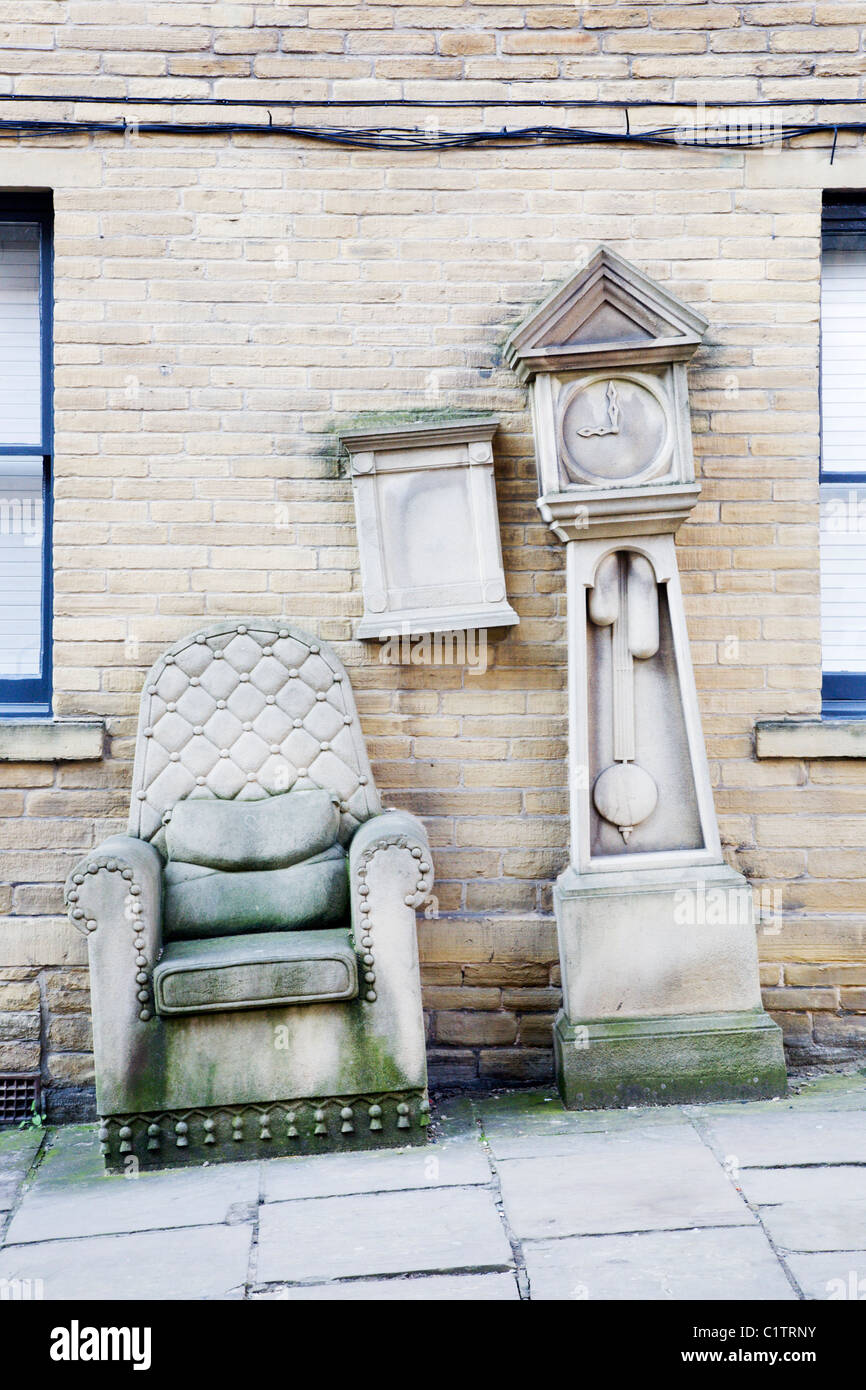 Grandads Clock and Chair Sculpture Bradford West Yorkshire England Stock Photo