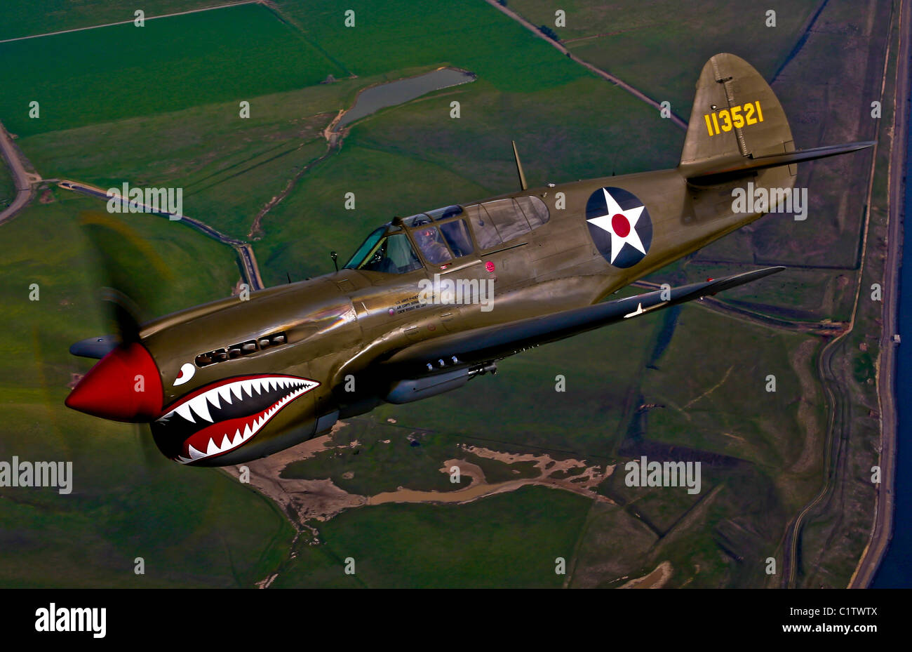 A P-40E Warhawk in flight near Livermore, California. Stock Photo