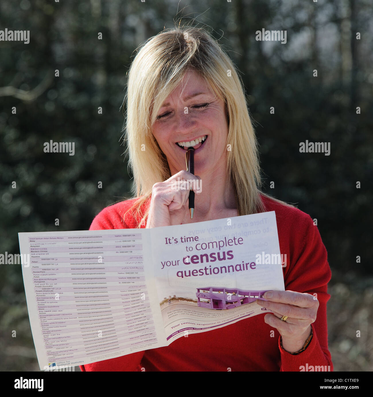 Woman reading guide to completing the Census questionnaire which has to ...