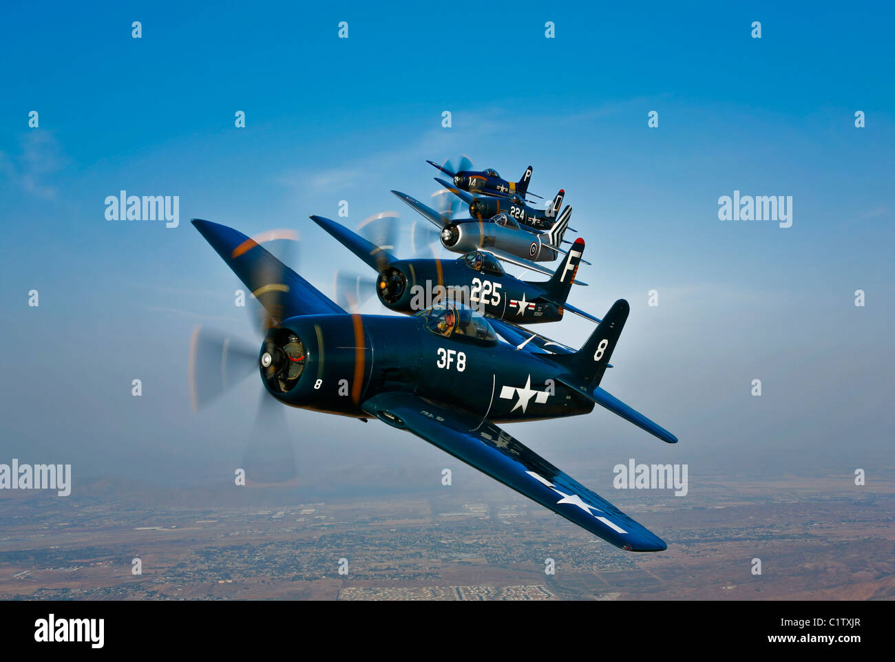 Five Grumman F8F Bearcats in formation, probably the first time since the early 1950s. Stock Photo