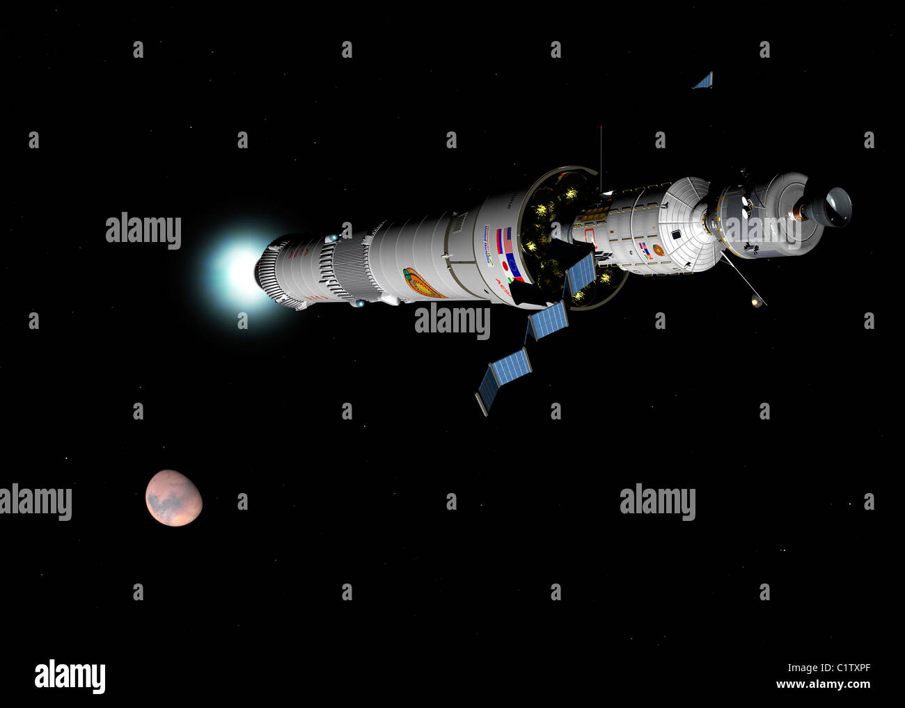 Phobos mission rocket brakes for Mars orbit. Stock Photo