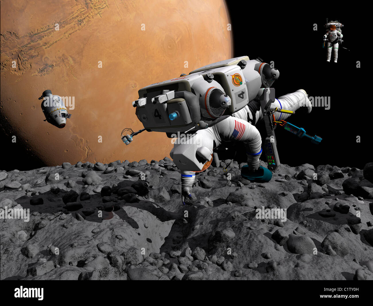 An astronaut makes first human contact with Mars' moon Phobos. Stock Photo