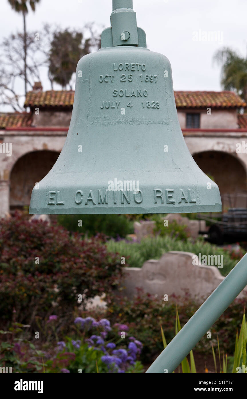 San Juan Capistrano, California. Bell marker at the Mission San Juan Capistrano. Stock Photo