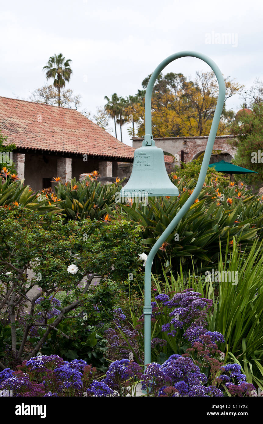 San Juan Capistrano, California. Bell marker at the Mission San Juan Capistrano. Stock Photo