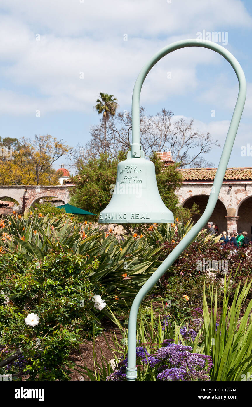 San Juan Capistrano, California. Bell marker at the Mission San Juan Capistrano. Stock Photo