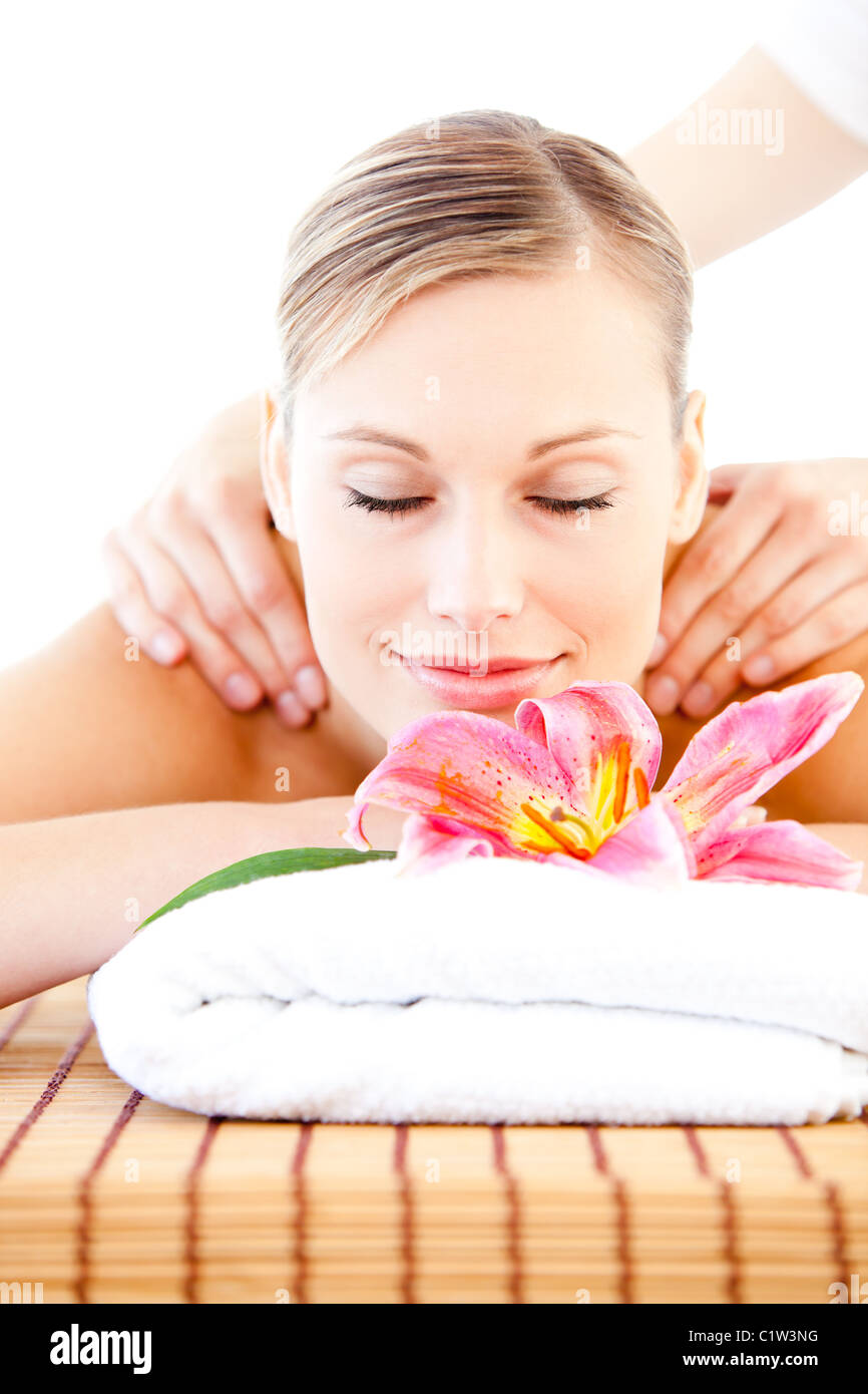 Relaxed bright woman enjoying a back massage Stock Photo Alamy