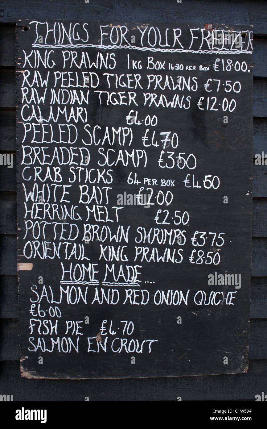 A blackboard selling sea food on the coast of Essex. Stock Photo