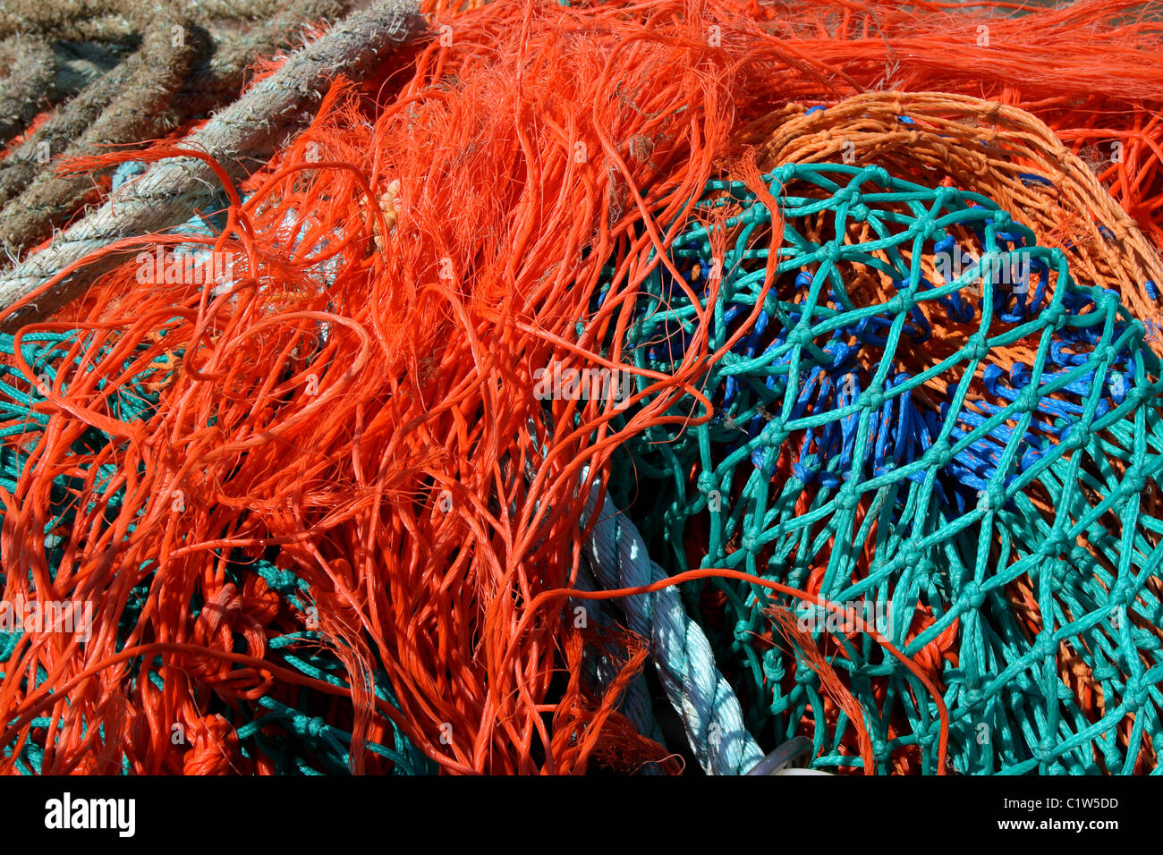 Brightly colored fishing nets. Stock Photo