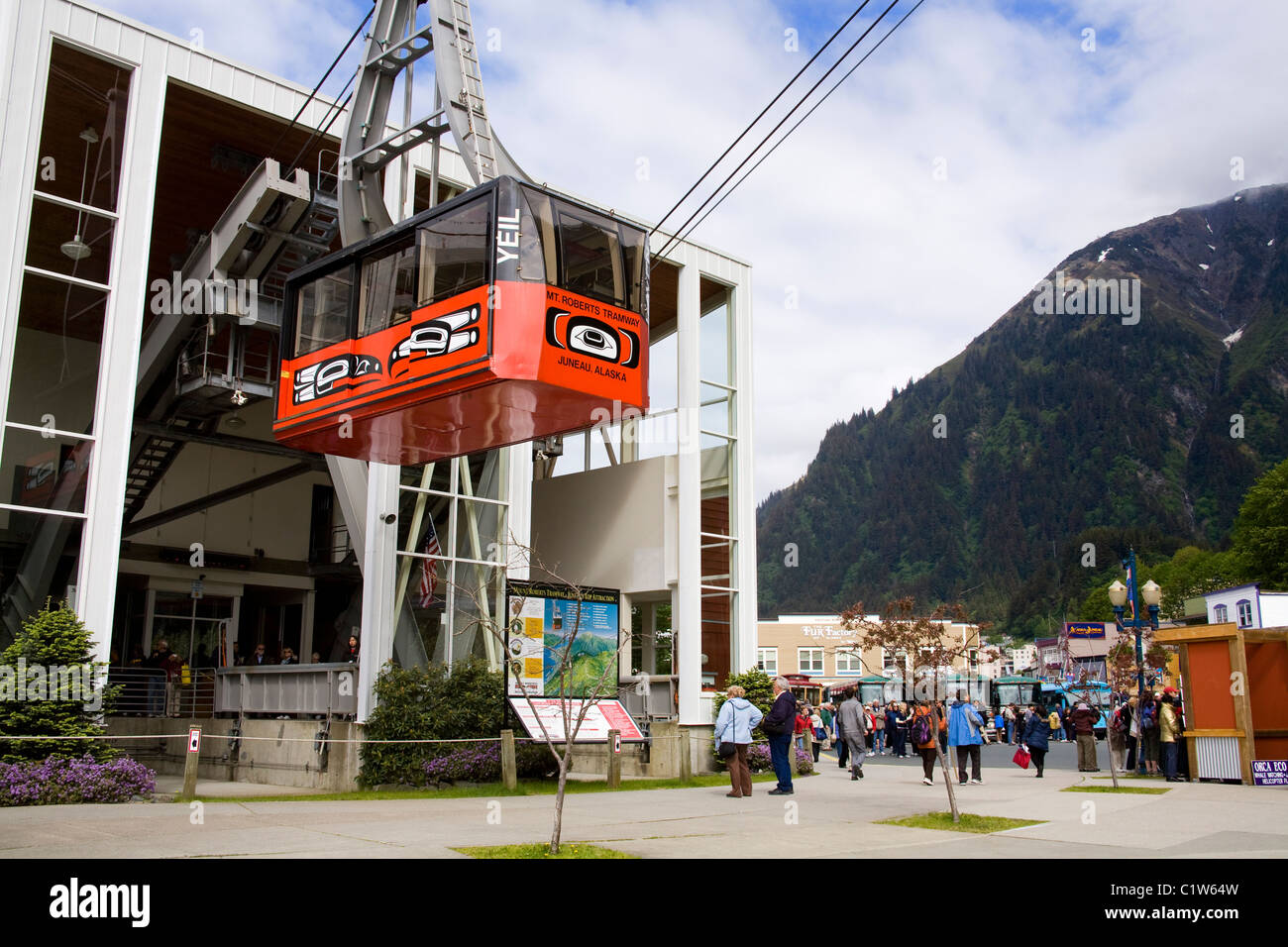 Low angle view of an overhead cable car, Mount Roberts Tramway, Juneau ...