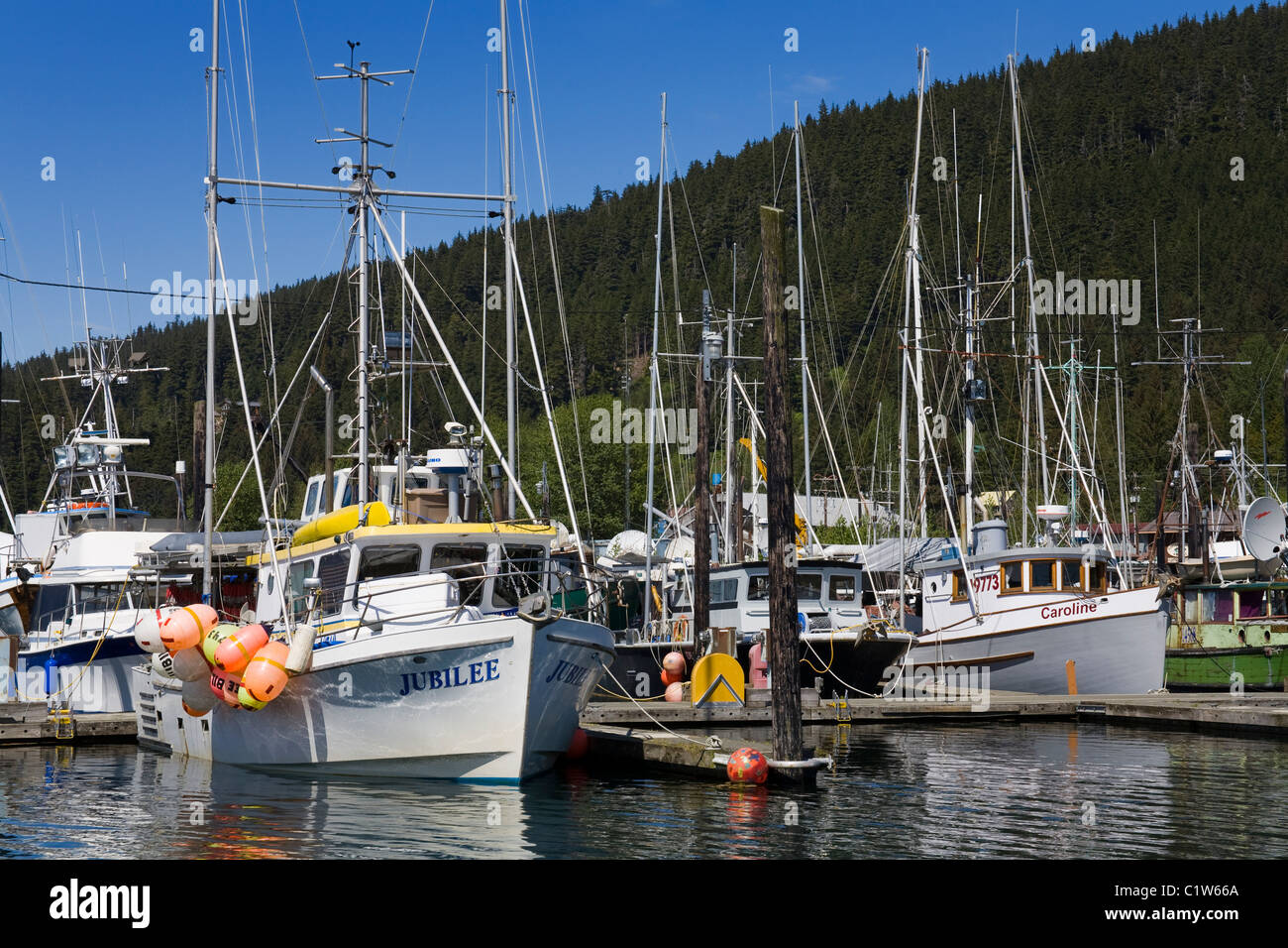 Sailboats in a marina, Glacier Bay, Icy Strait Point, Hoonah City, Chichagof Island, Alaska, USA